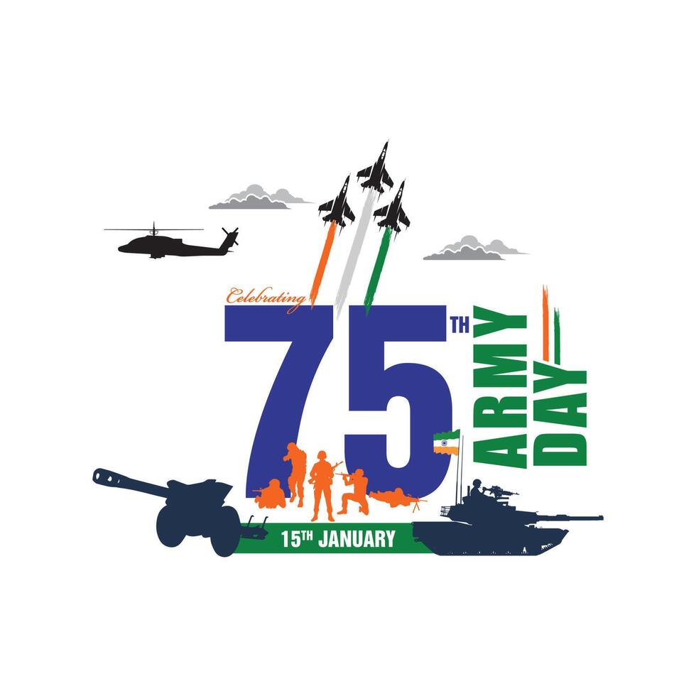 festeggiare il 75 ° esercito giorno di India, il repubblica giorno celebrazione concetto, Applaudire vittoria, persone apprezzando, battendo le mani, e salutando indiano esercito soldati e aviazione nel azione, esercito giorno logo vettore