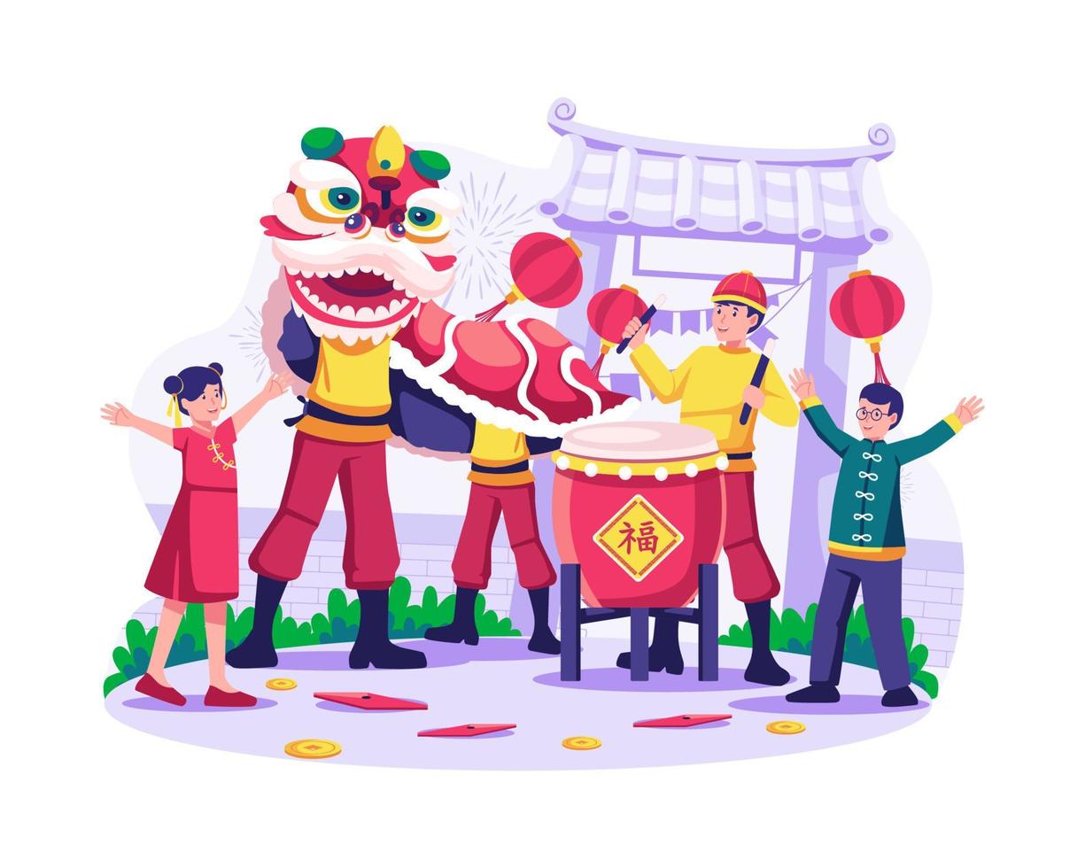 bambini celebrare il Cinese lunare nuovo anno con Leone danza interpreti vicino il tempio cancello con sospeso lanterne. vettore illustrazione nel piatto stile