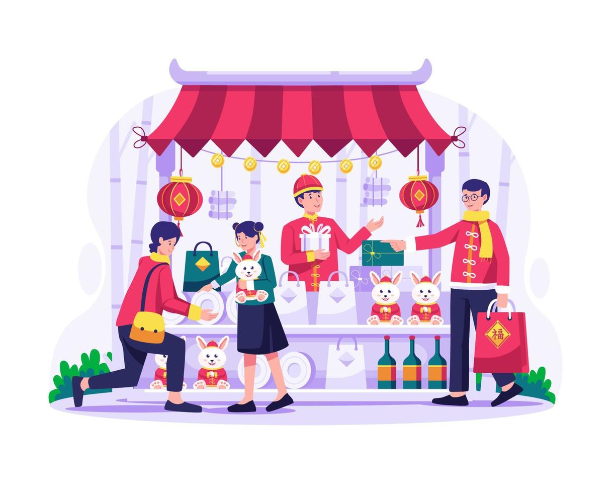 asiatico persone acquistare regali e merce a partire dal un' tradizionale strada mercato. contatore stalla con merce e souvenir. Cinese nuovo anno shopping illustrazione vettore