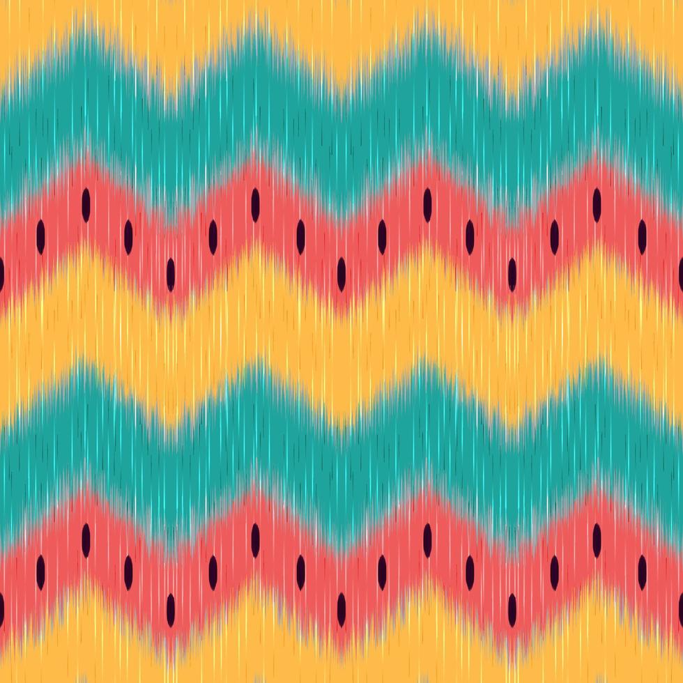 uzbeko zigzag ikat modello. giallo, verde e rosso colori con tropicale tono. ispirazione a partire dal anguria. tradizionale tessuto nel Uzbekistan, utilizzando nel casa arredamento, imbottito mobilia e moda design. vettore