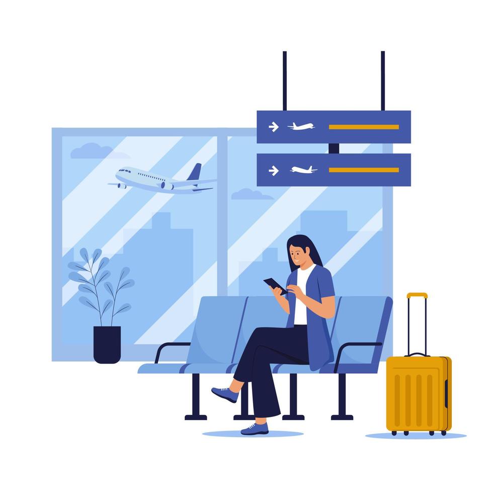 viaggiatori seduta nel aeroporto terminale in attesa per volo. illustrazione per siti web, atterraggio pagine, mobile applicazioni, manifesti e striscioni. di moda piatto vettore illustrazione