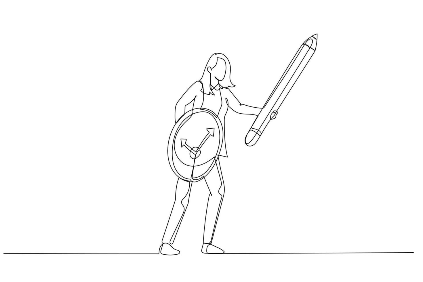 cartone animato di donna d'affari utilizzando matita come spada e orologio come scudo concetto di indugio o tempo gestione. singolo linea arte stile vettore