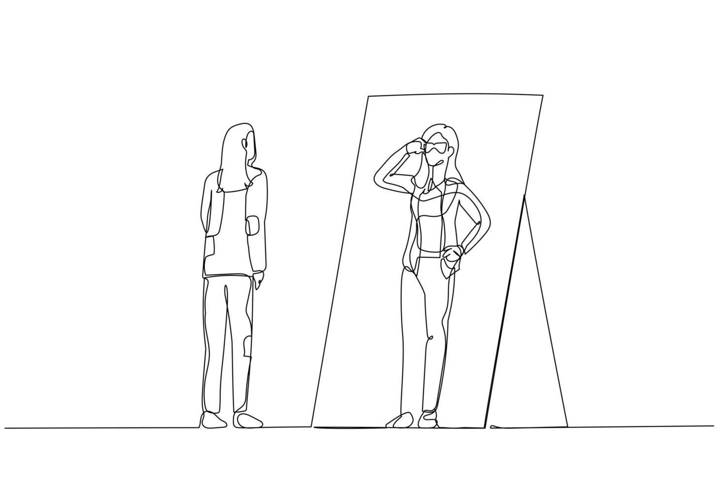 cartone animato di attività commerciale donna guardare in se stesso mettendo senza occhi guardare freddo. singolo linea arte stile vettore