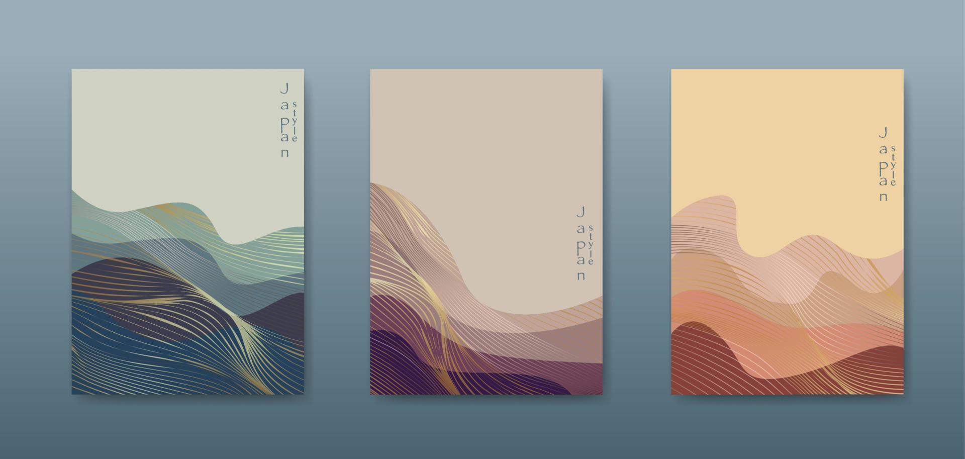 sfondo paesaggio giapponese impostare carte linea oro modello d'onda illustrazione vettoriale. struttura ondulata geometrica del modello astratto di lusso blu. progettazione di layout di montagna in stile orientale, brochure verticale vettore