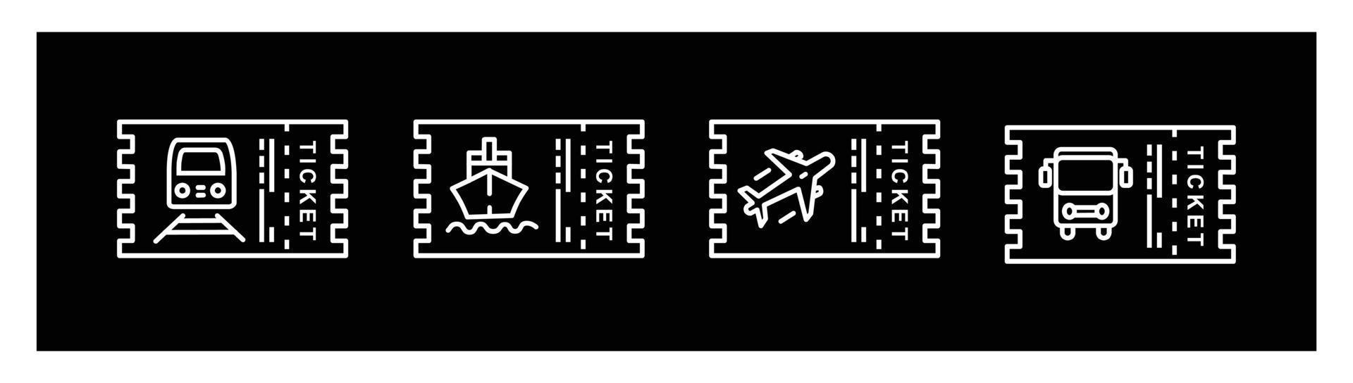 vettore icona impostato mezzi di trasporto biglietto, aereo, treno, nave, autobus. vettore icona illustrazione biglietto modulo su nero sfondo