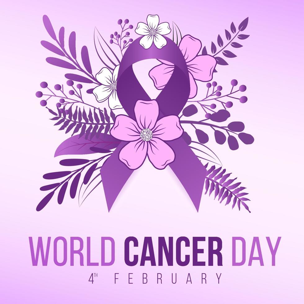 mondo cancro giorno illustrazione con cancro giorno nastro e floreale per etichette vettore