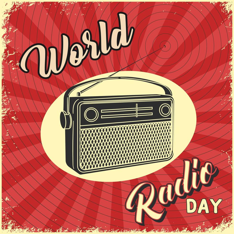 mondo Radio giorno sfondo nel Vintage ▾ stile con grunge textures e Radio illustrazione vettore