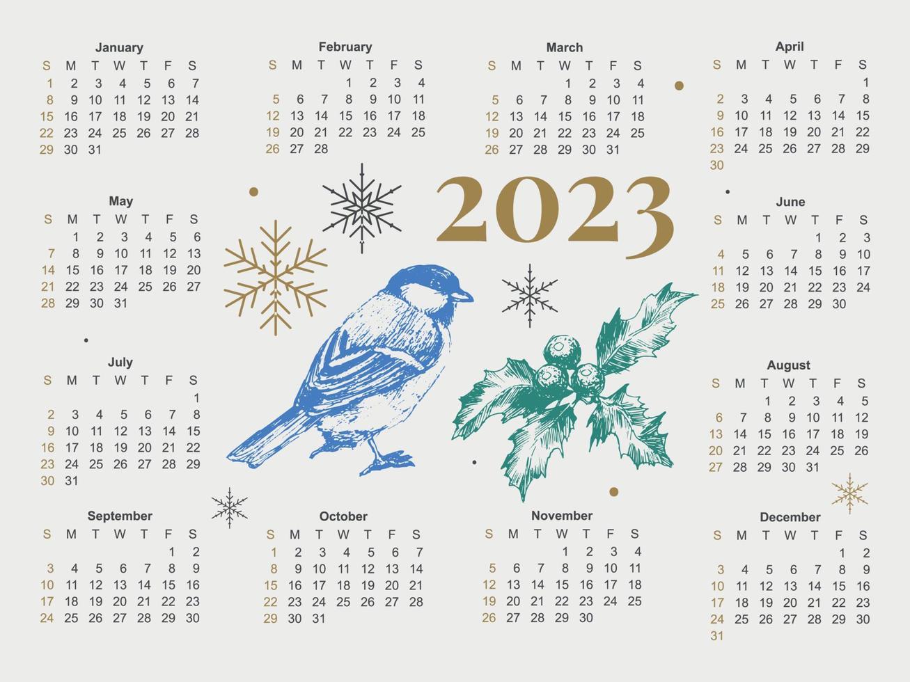 2023 calendario anno vettore illustrazione. il settimana inizia su domenica. Natale i fiocchi di neve calendario 2023 modello. calendario design Domenica nel rosso colori. vettore