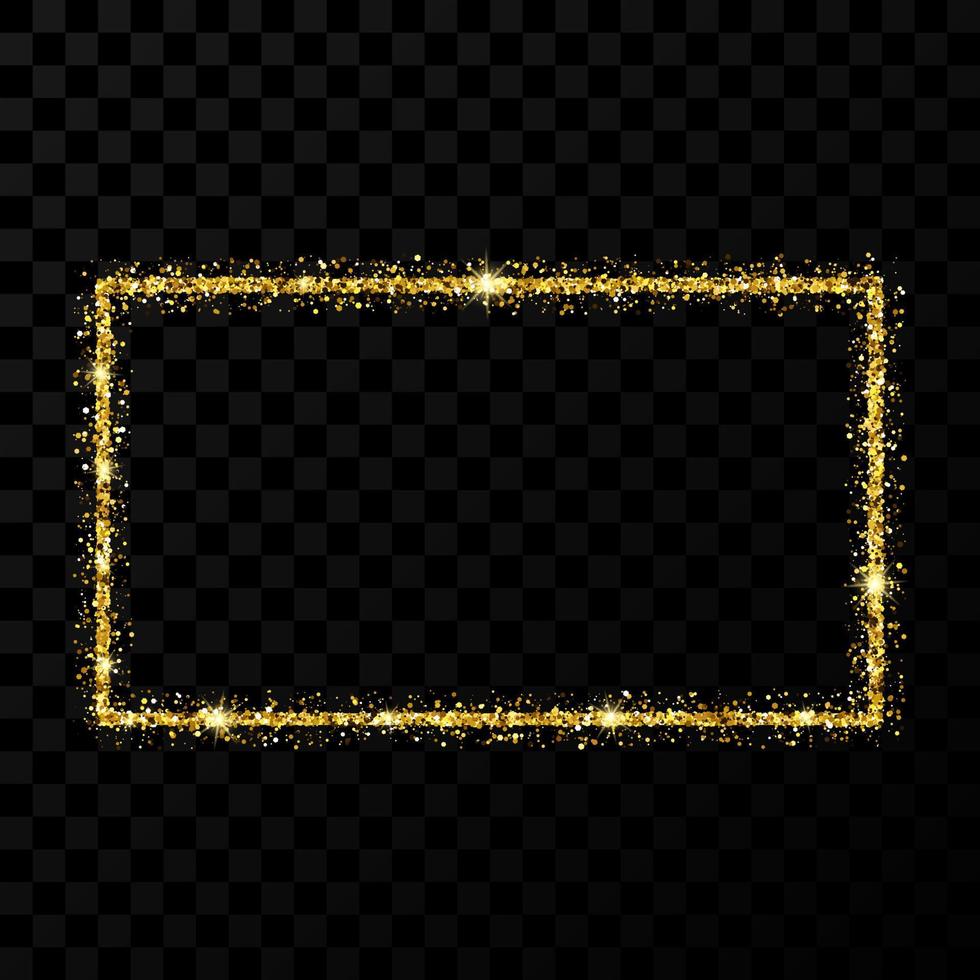 oro luccichio telaio. rettangolo verticale telaio con brillante stelle e scintille su buio trasparente sfondo. vettore illustrazione