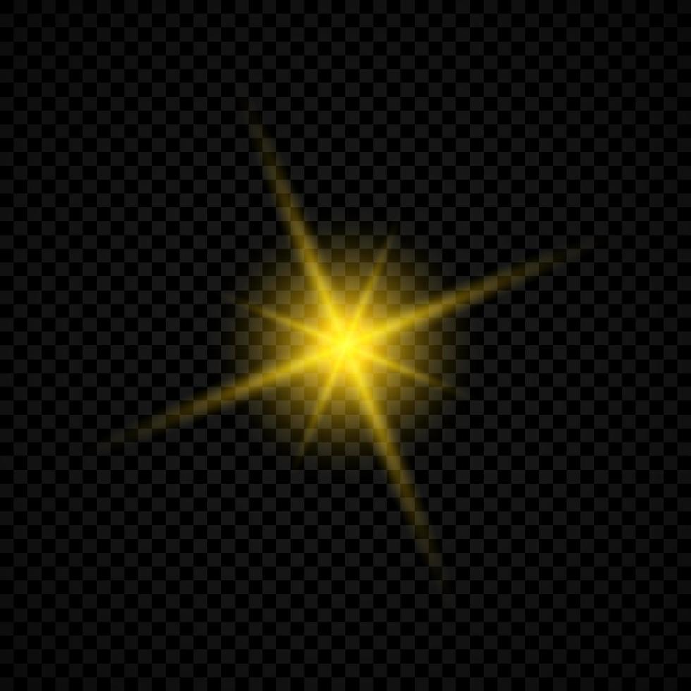 leggero effetto di lente razzi. giallo raggiante luci starburst effetti con scintille su un' trasparente sfondo. vettore illustrazione