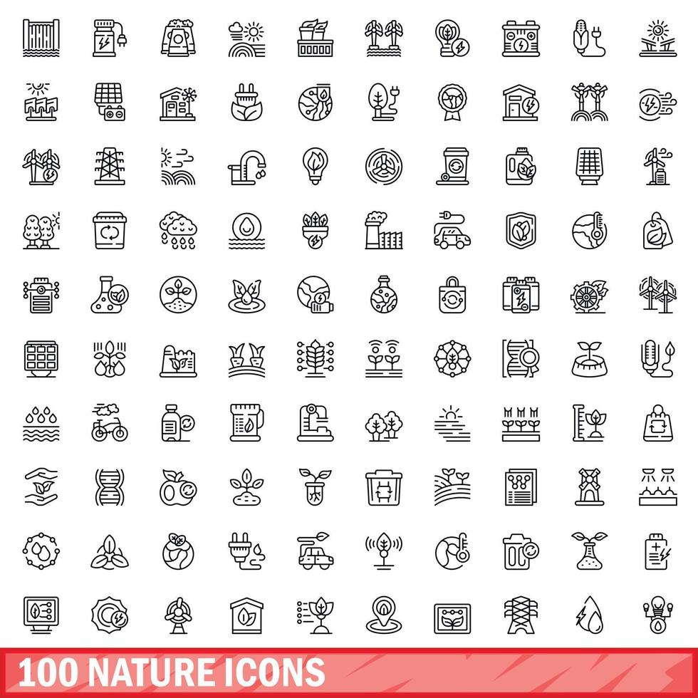 100 icone della natura impostate, stile contorno vettore