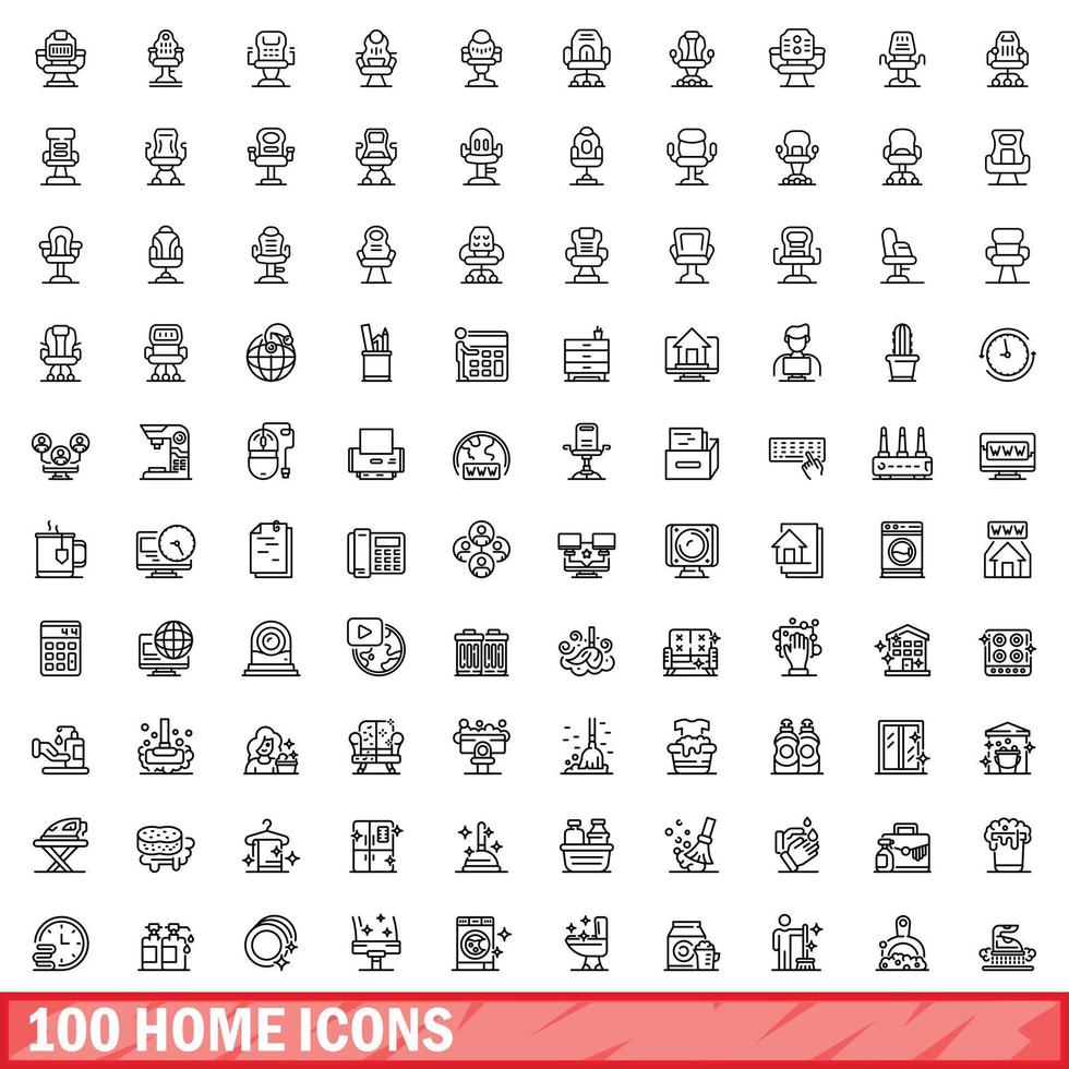 100 icone domestiche impostate, stile contorno vettore