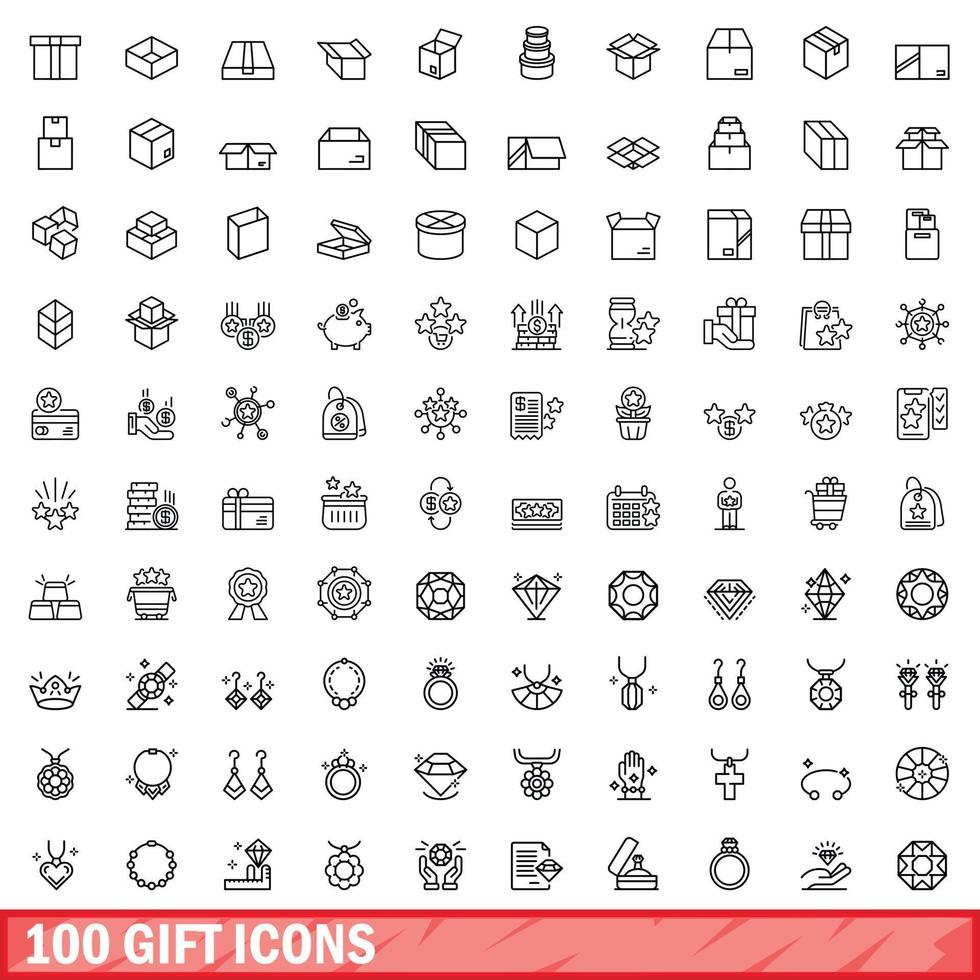 100 icone regalo impostate, stile contorno vettore