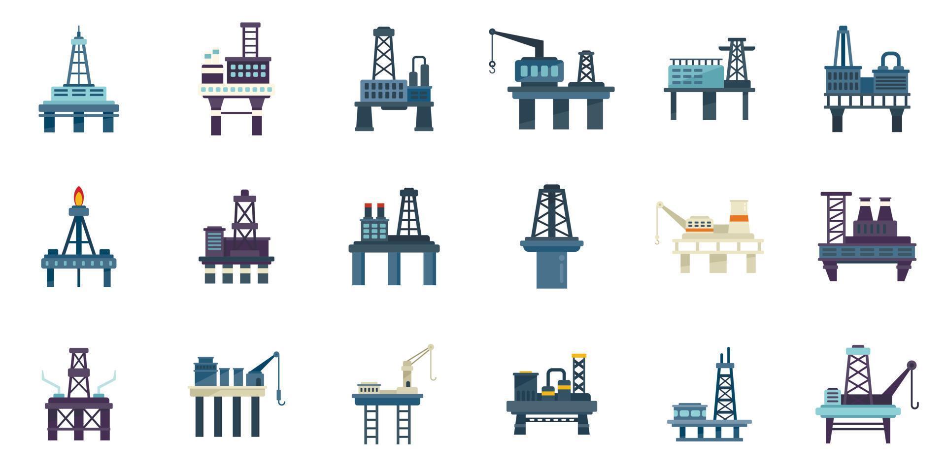 Icone di perforazione marittima impostate vettore piatto. industria petrolifera