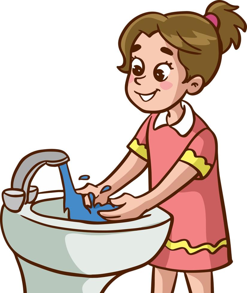 carino poco ragazza lavaggio sua mani cartone animato vettore