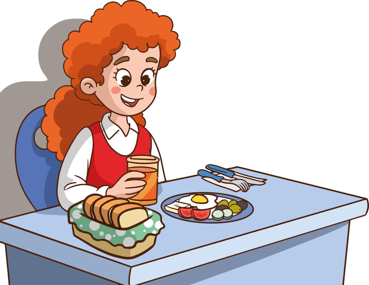 carino poco ragazza avendo prima colazione cartone animato vettore illustrazione