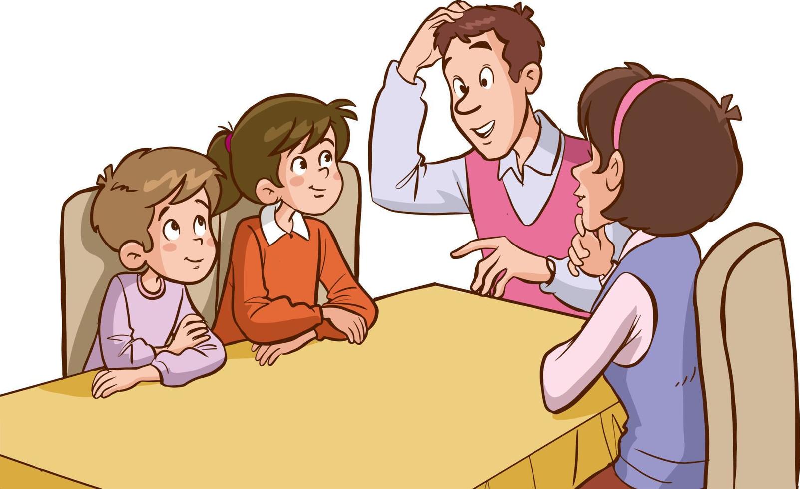 carino contento famiglia seduta a il tavolo chat cartone animato vettore illustrazione