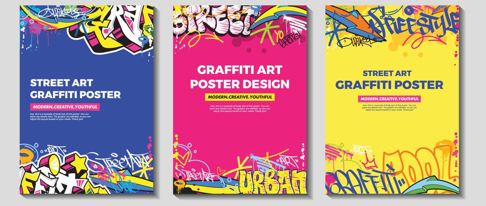 moderno graffiti arte manifesto o aviatore design con colorato tag, gettare su. disegnato a mano astratto graffiti illustrazione vettore nel strada arte tema