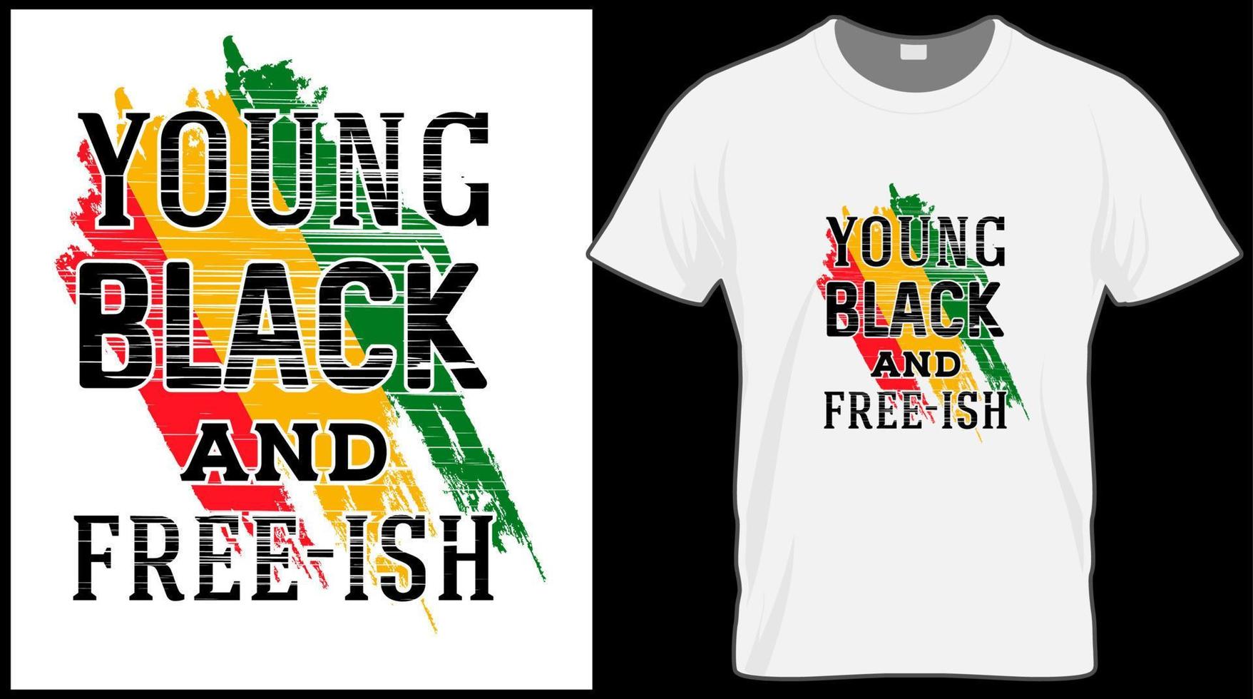 giovane nero e free-ish t camicia. nero storia mese vettore illustrazione grafico. verde, rosso, giallo sfondo con testo. celebrare americano e africano persone cultura.