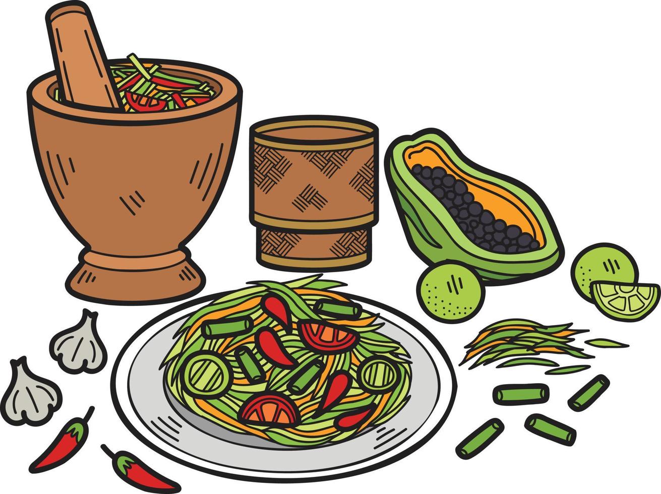 mano disegnato papaia insalata con tailandese cibo illustrazione vettore