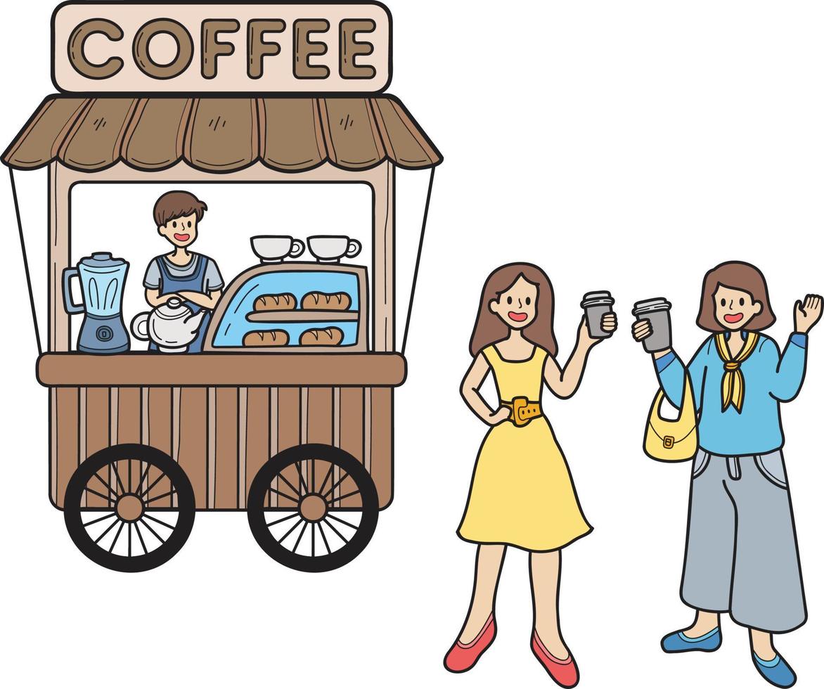 mano disegnato strada cibo carrello con caffè illustrazione vettore