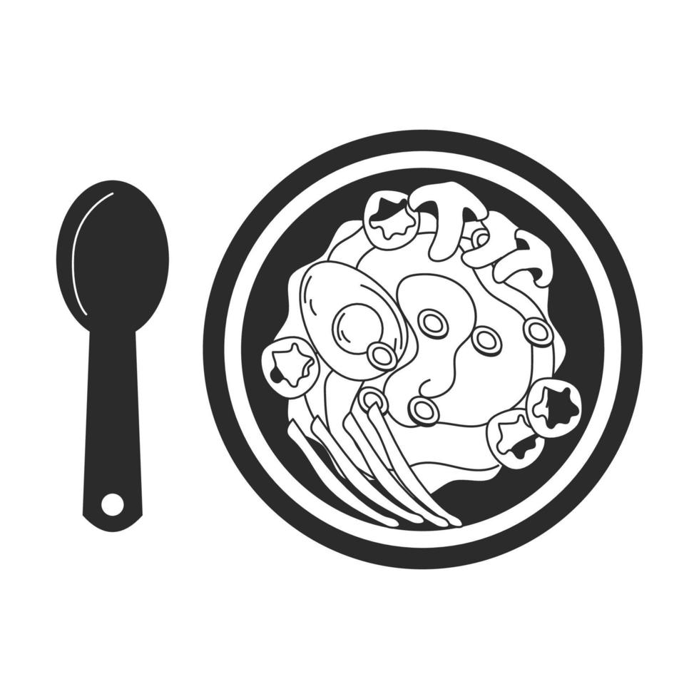 superiore Visualizza illustrazione di delizioso ramen la minestra con fungo paprica e carota con cucchiaio. giapponese cibo concetto. vettore azione illustrazione isolato su bianca sfondo. schema stile