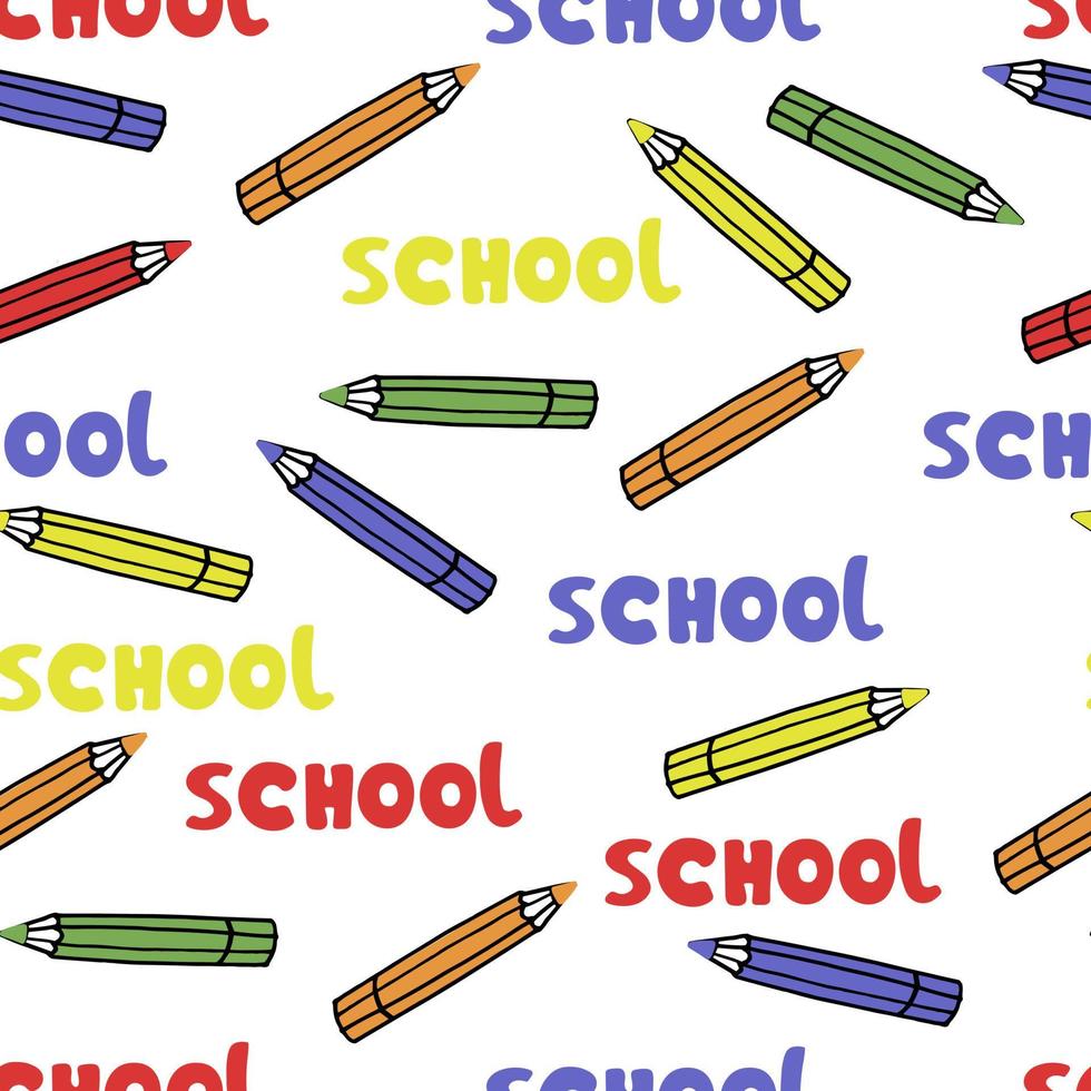 senza soluzione di continuità modello con colorato matite e scuola lettering su bianca sfondo. scuola e infanzia concetto vettore