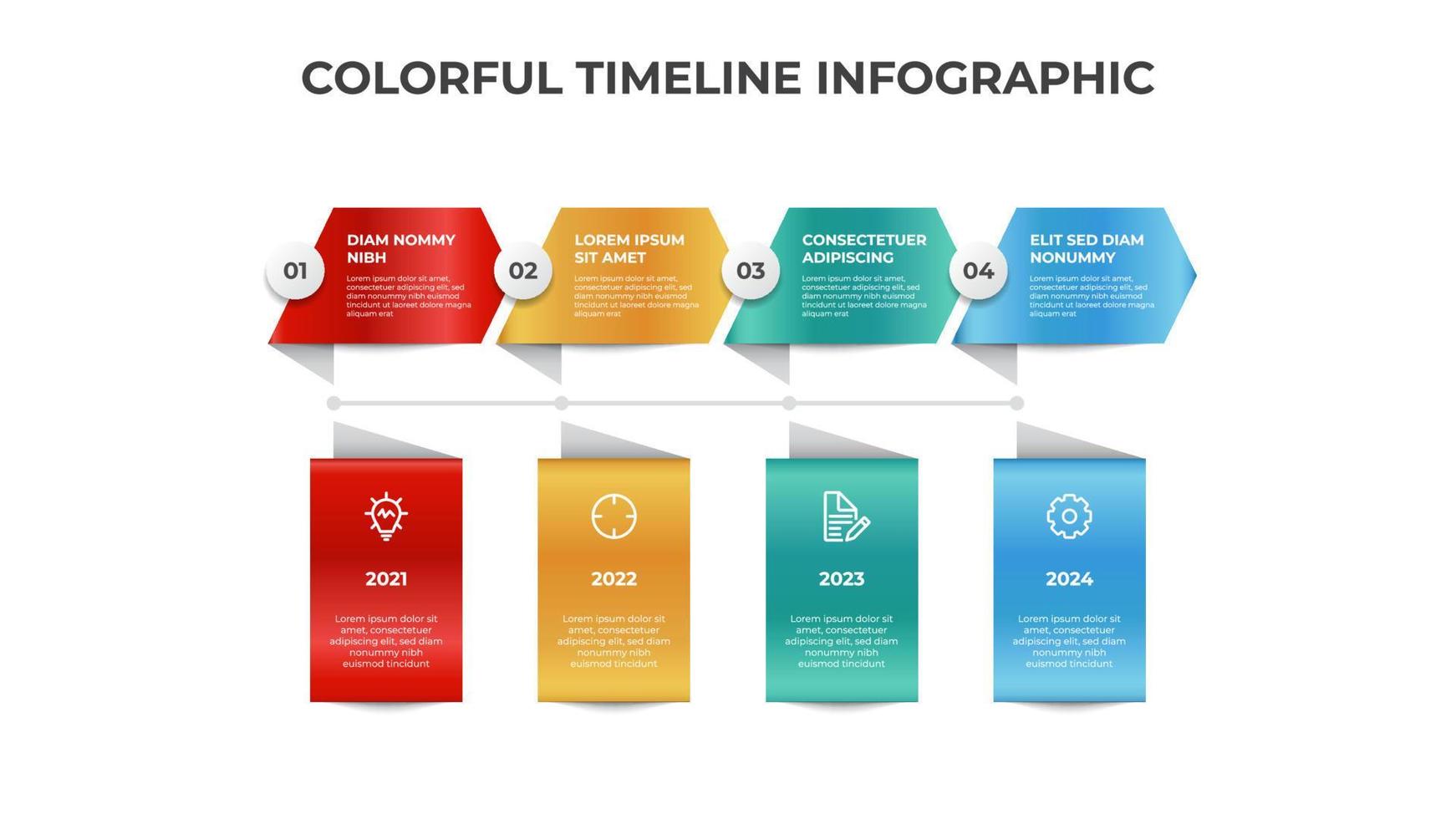 Infografica elemento modello, colorato sequenza temporale disposizione design con 4 punto, opzione, elenco, attività commerciale dati visualizzazione vettore