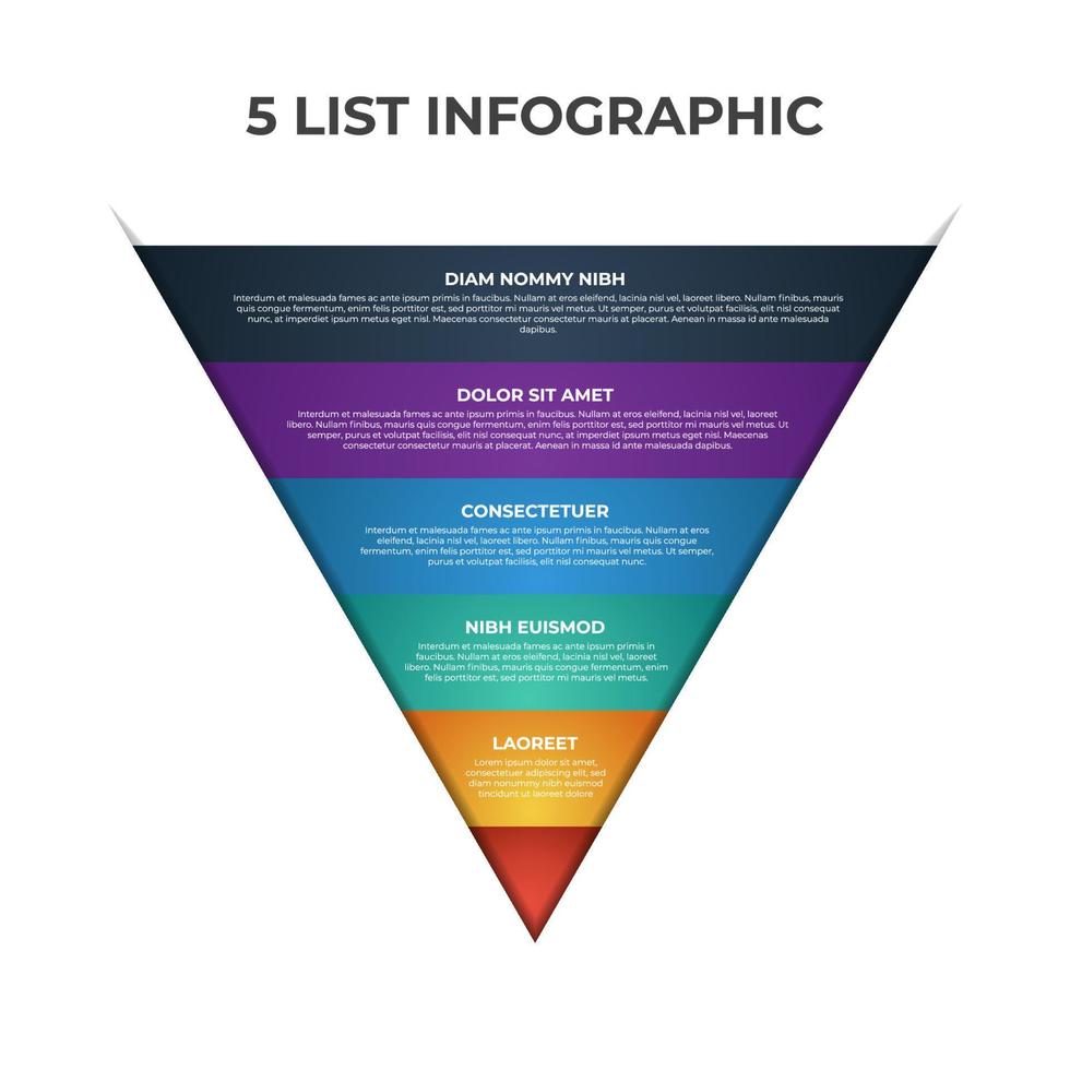 5 punti, strati, opzioni, passo di elenco Infografica elemento con imbuto o piramide grafico diagramma, può essere Usato per presentazione, striscione, opuscolo, eccetera. vettore