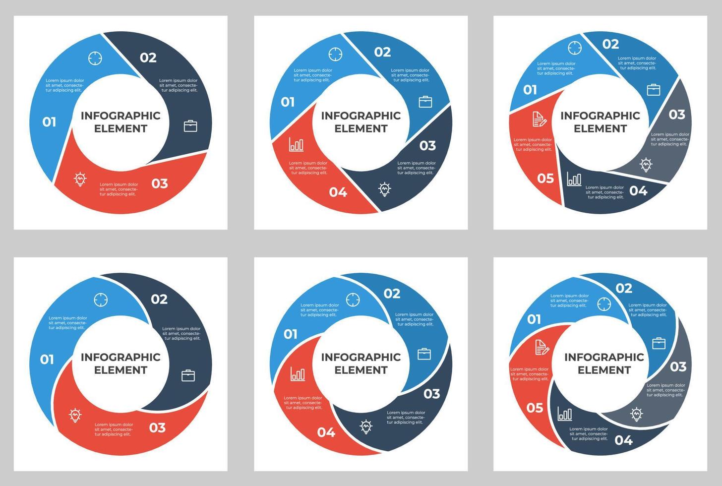 cerchio Infografica elementi fascio per sociale media, 3, 4, 5 punti, elenco, opzioni, passi, disposizione modello vettore