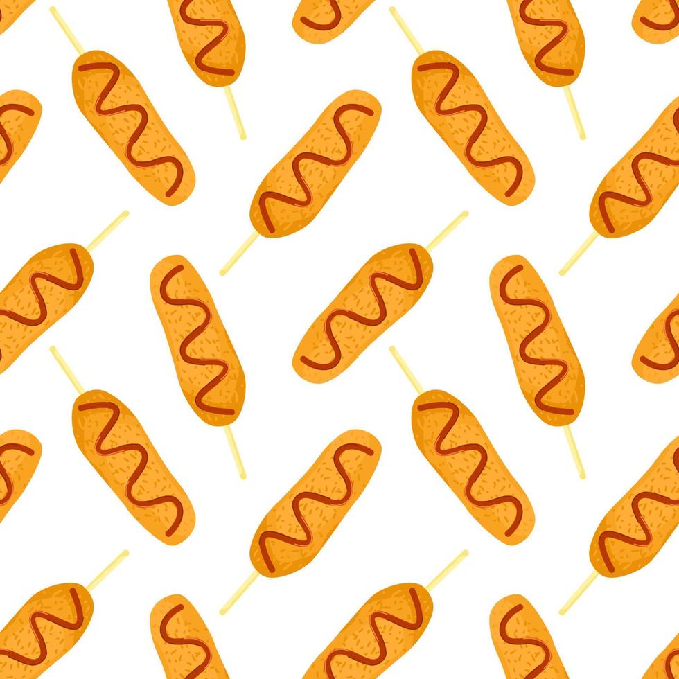 coreano strada cibo senza soluzione di continuità modello. gamja hot dog corndog con ketchup. asiatico spuntini su bastoni. carino scarabocchio sfondo. vettore illustrazione.