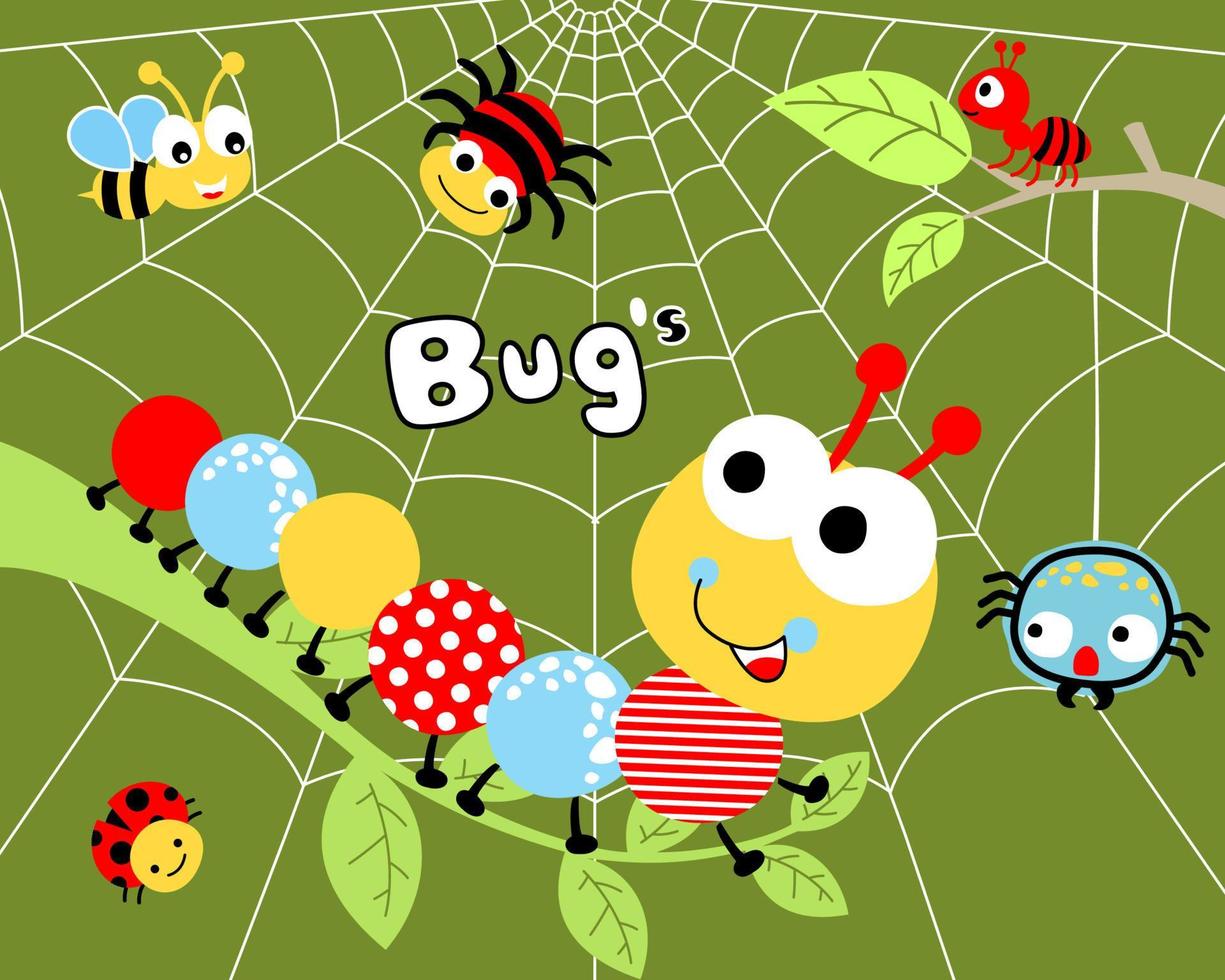 animali cartone animato vettore di divertente bug su ragnatela sfondo