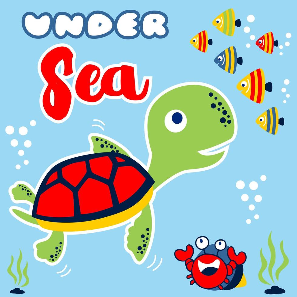 vettore cartone animato di tartaruga con pesce e eremita Granchio sottomarino