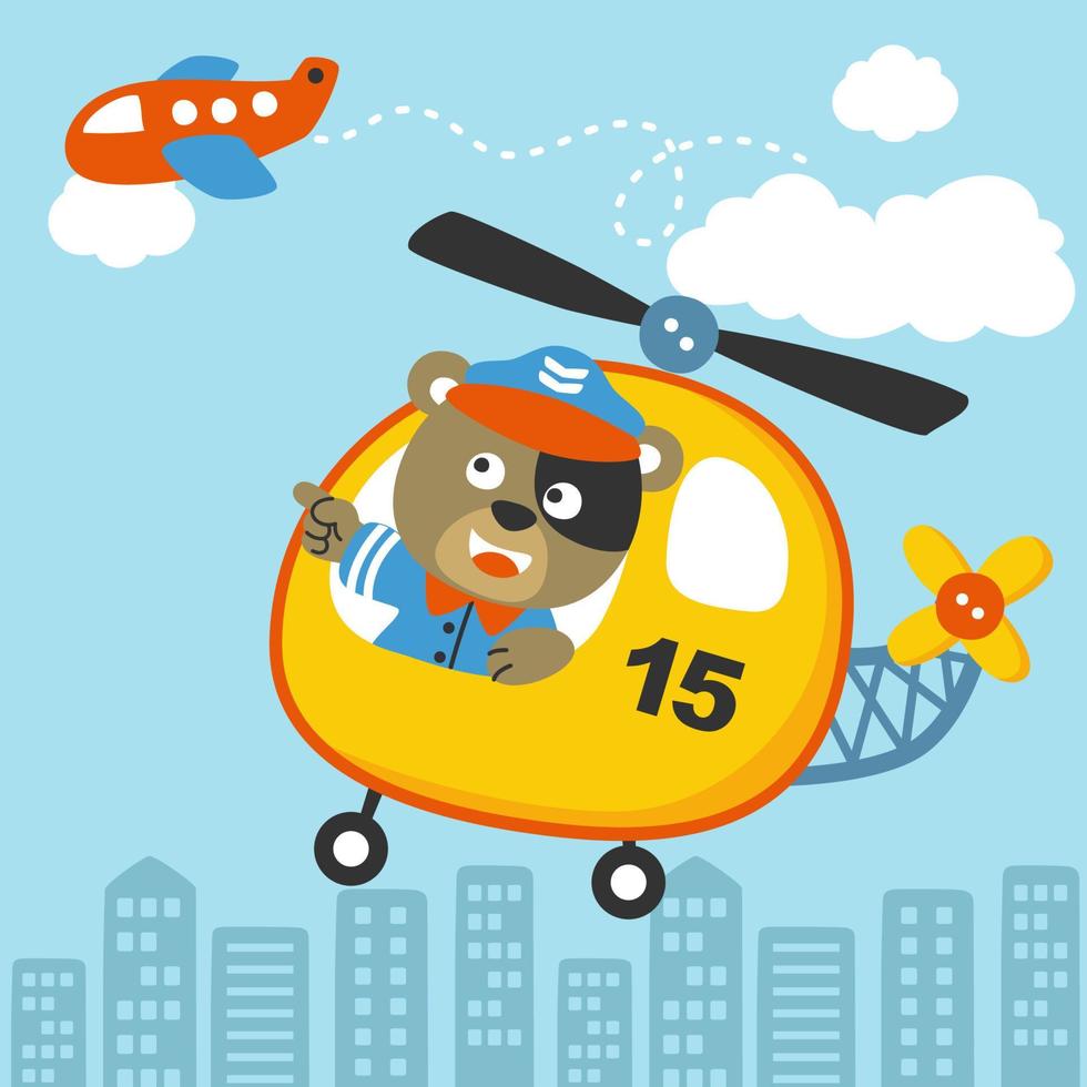 poco cucciolo su elicottero con aereo su edifici sfondo, vettore cartone animato illustrazione