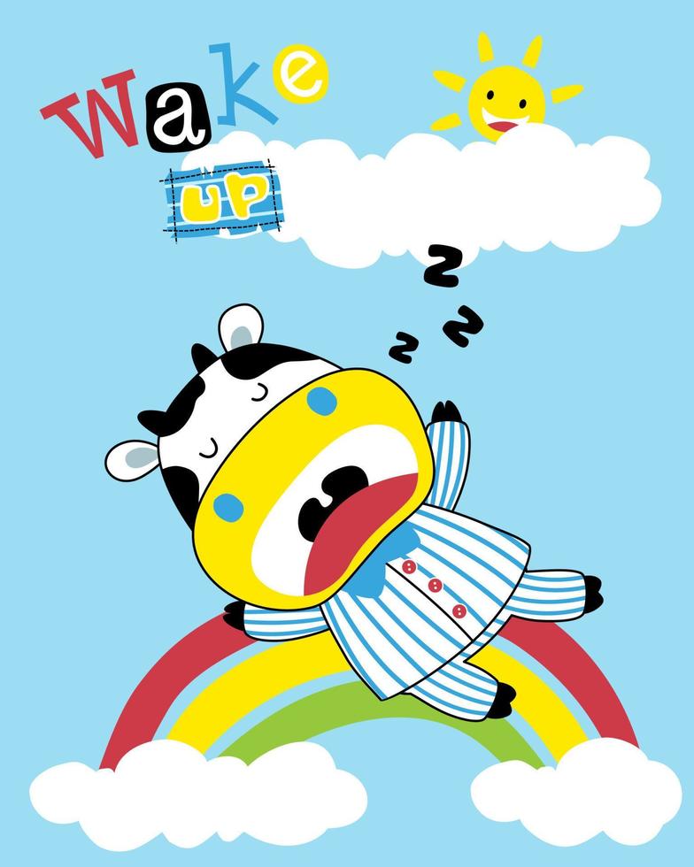 animale cartone animato vettore di carino mucca nel camicia da notte dormire su arcobaleno con sorridente sole