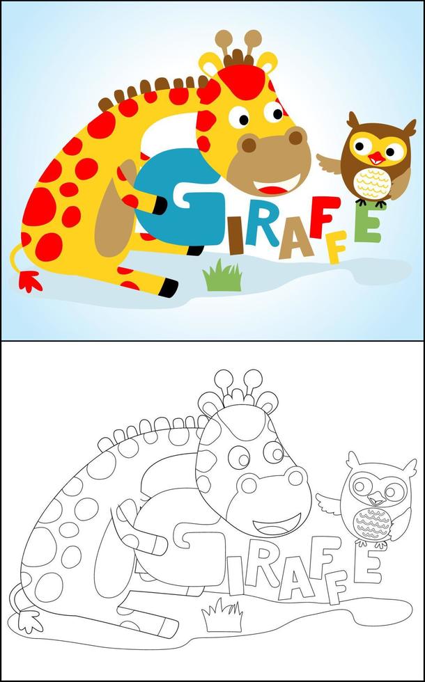 colorazione libro o pagina di divertente giraffa cartone animato e carino gufo con lettere vettore