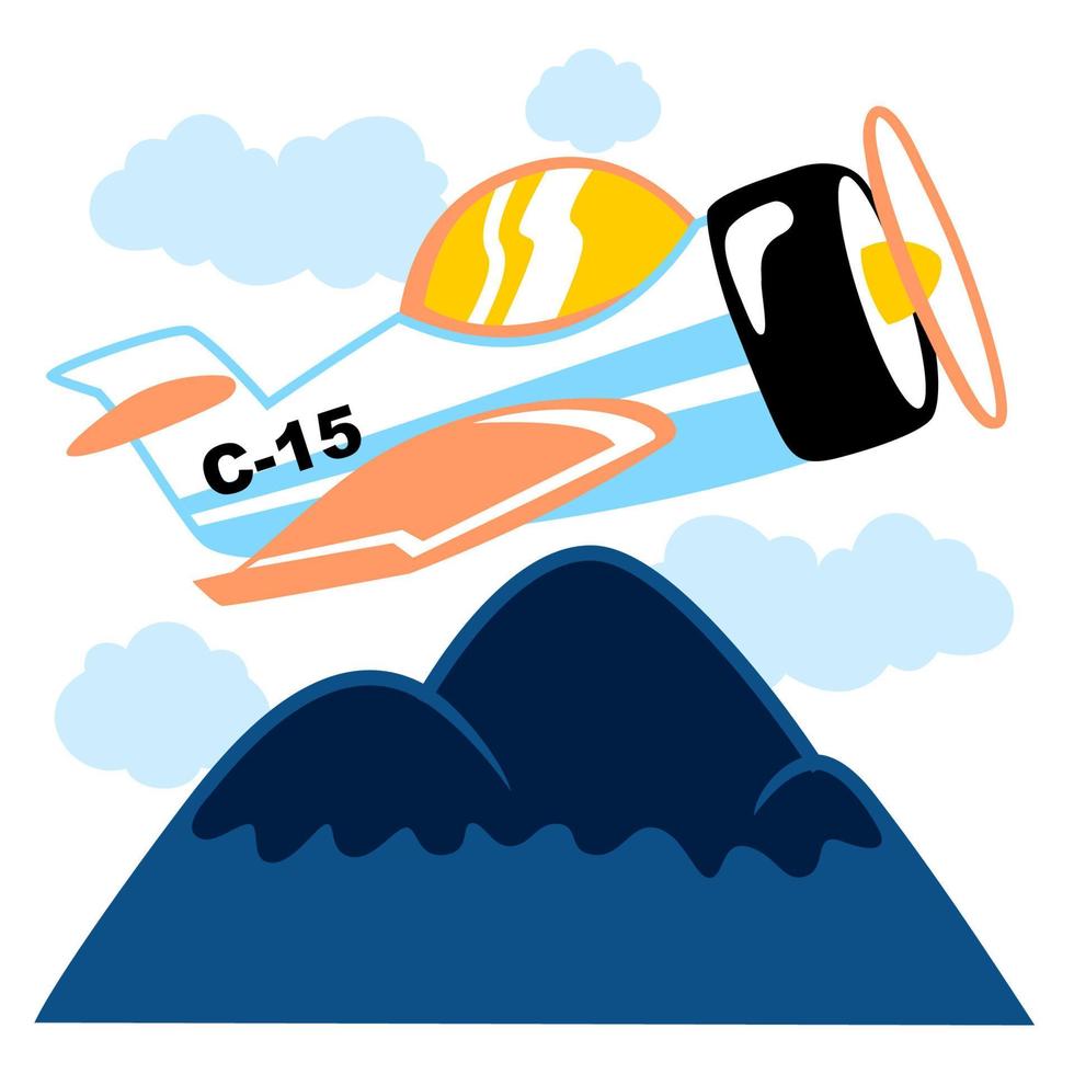 aereo volante attraverso al di sopra di il montagne, vettore cartone animato illustrazione