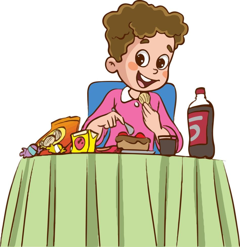 carino ragazzo è mangiare qualcosa a il table.boy mangiare Rifiuto cibo cartone animato vettore