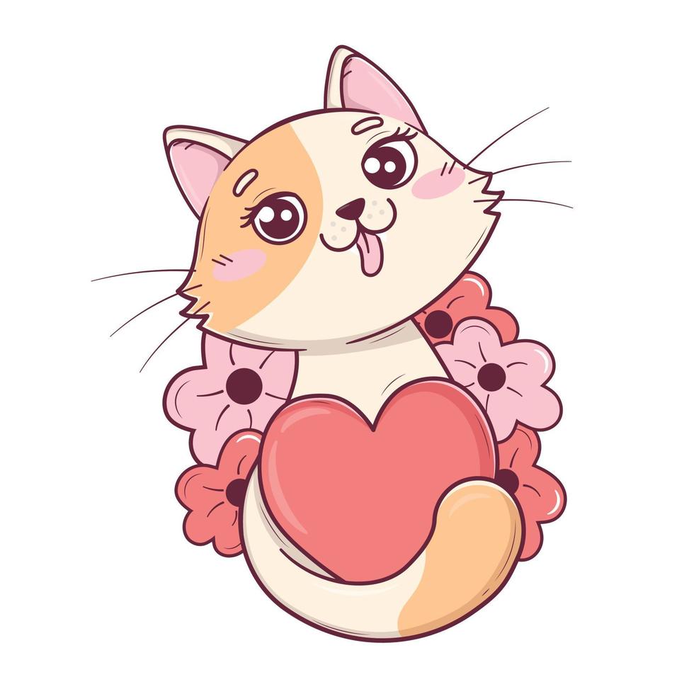 kawaii carino san valentino gatto abbracciato cuore con coda vettore