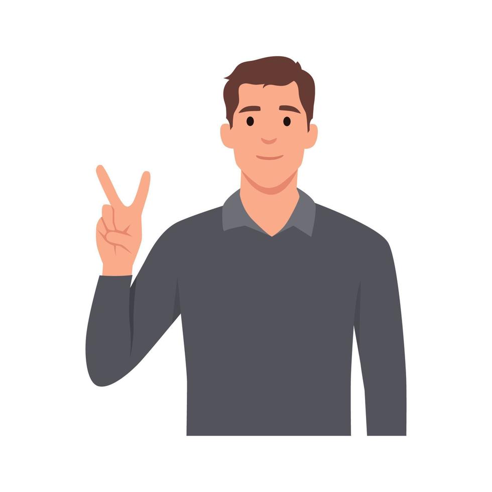 giovane uomo mostrando pace cartello. di moda persona fabbricazione vittoria, vincitore o Due gesto con dita. piatto vettore illustrazione isolato su bianca sfondo