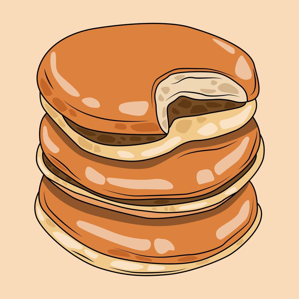 Dorayaki cartone animato vettore illustrazione pila di tre. giapponese pancake con cioccolato Riempimento