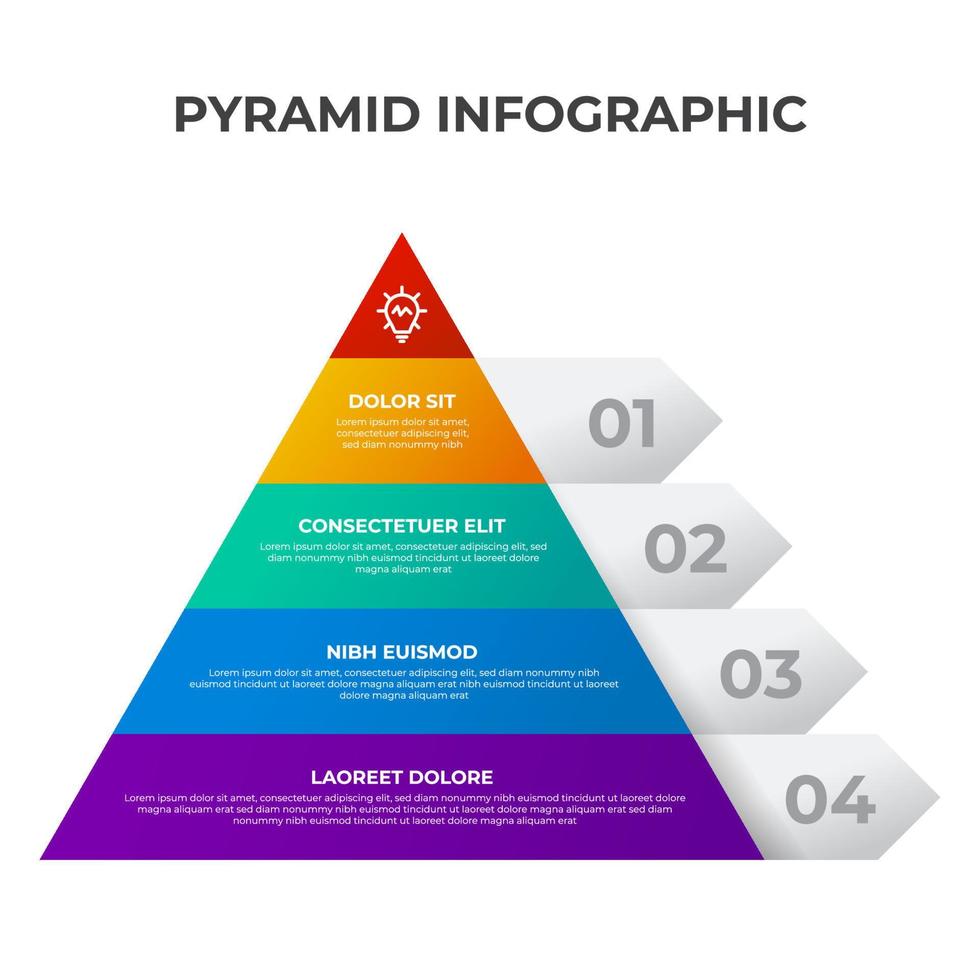 piramide elenco Infografica elemento modello con 4 punto, proiettile, triangolo forma, riga diagramma con livello per presentazione, eccetera vettore