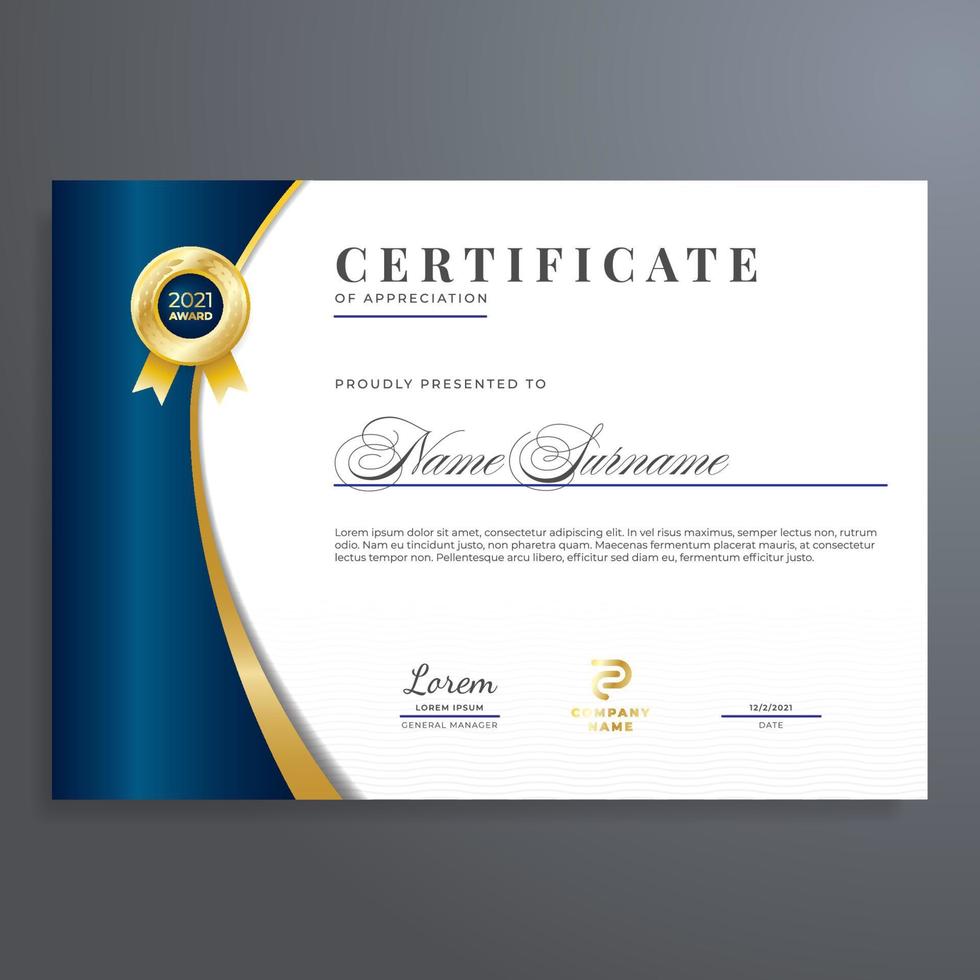 certificato design modello con oro e blu colore, multiuso, semplice e elegante vettore