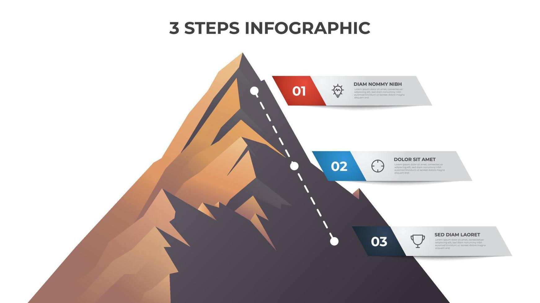 Infografica elemento modello con 3 passi, elenco, proiettile, opzioni, sequenza temporale diagramma con montagna vettore