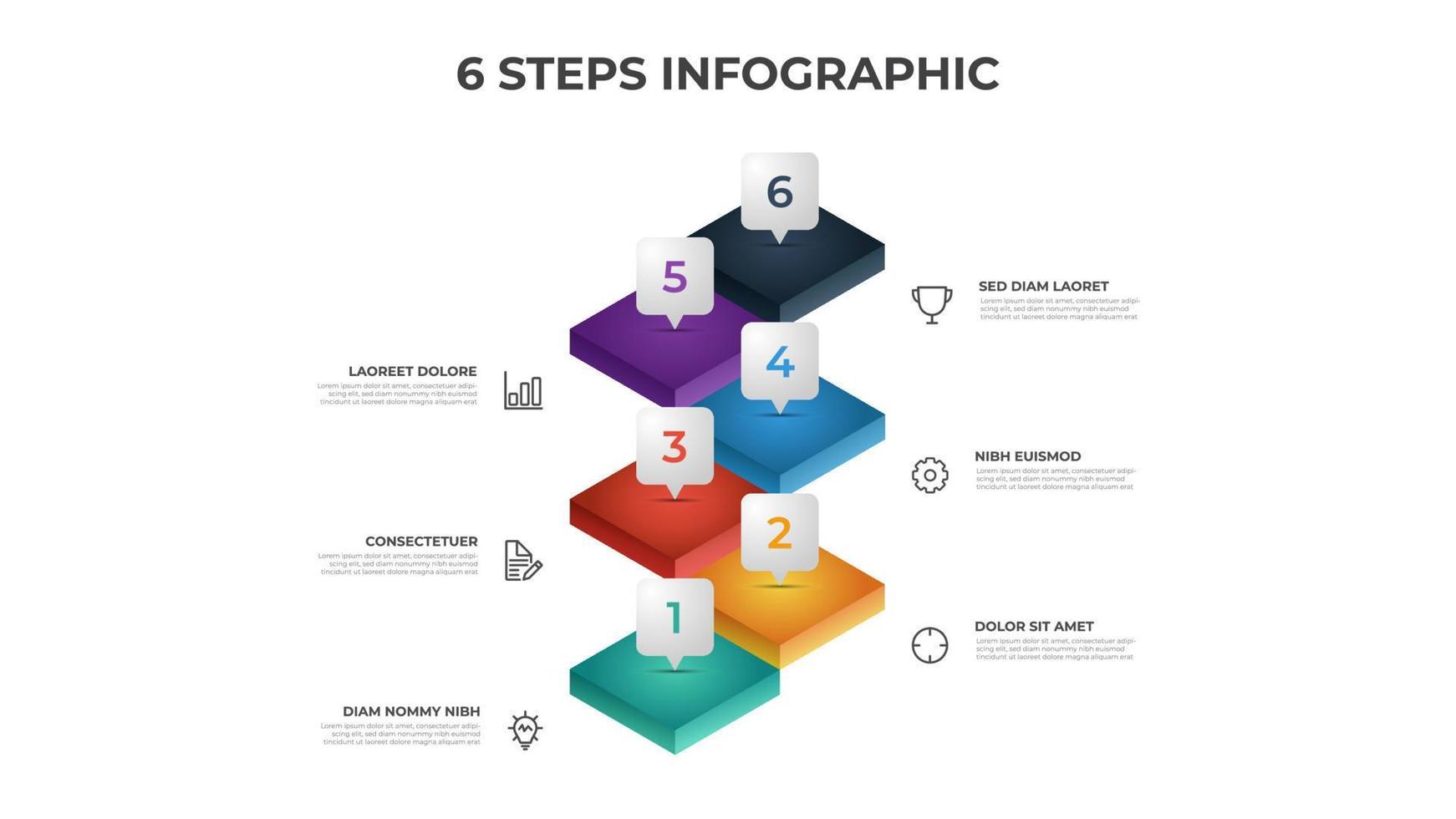 6 passaggi Infografica elemento modello con 3 pila di scale, disposizione vettore per presentazione, diagramma, grafico, eccetera