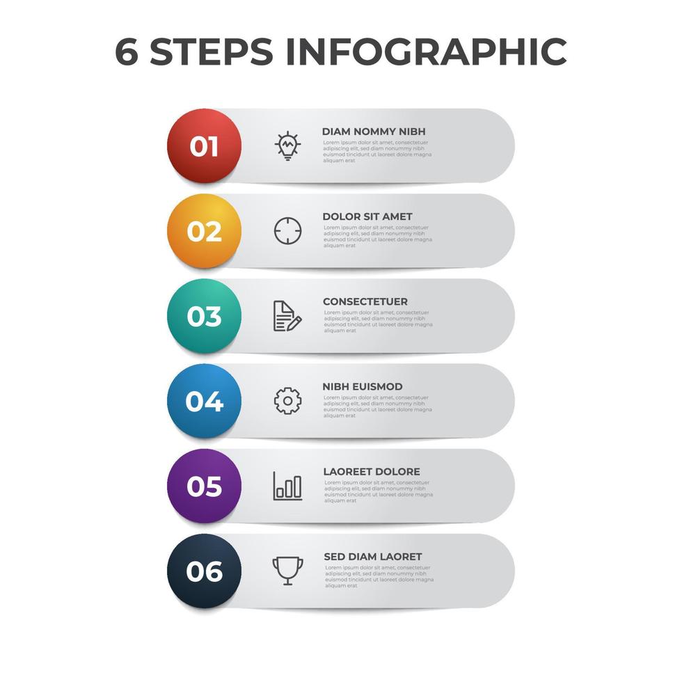 6 riga elenco di passi, disposizione diagramma con numero di sequenza e icone, Infografica elemento modello vettore