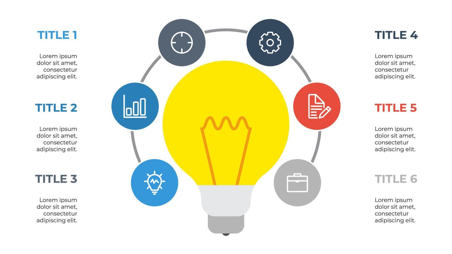 6 punti cerchio Infografica elemento vettore con leggero lampadina, attività commerciale idea visualizzazione, passi, opzioni, processi, flusso di lavoro, sequenza temporale, eccetera.