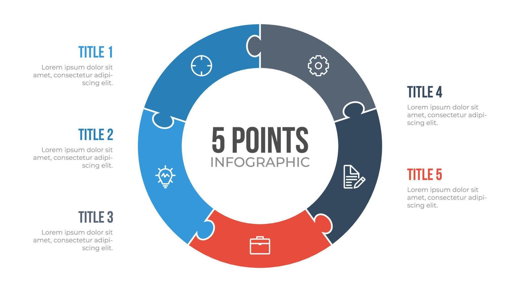 5 punti cerchio Infografica elemento vettore con puzzle, può essere Usato per flusso di lavoro, passi, opzioni, elenco, processi, presentazione diapositiva, rapporto, eccetera.