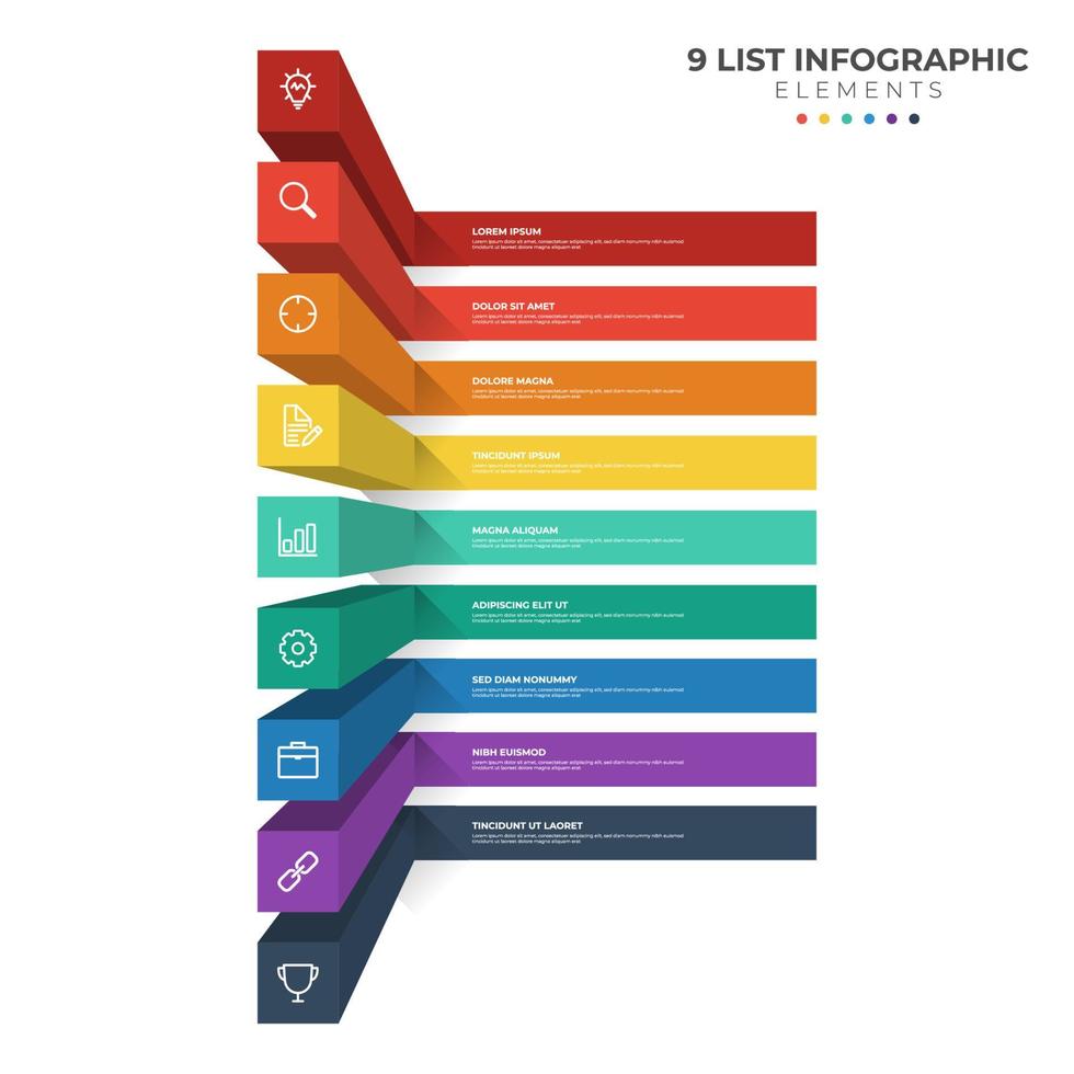 9 punti di passaggi diagramma, 3d elenco disposizione, Infografica elemento modello vettore con icone