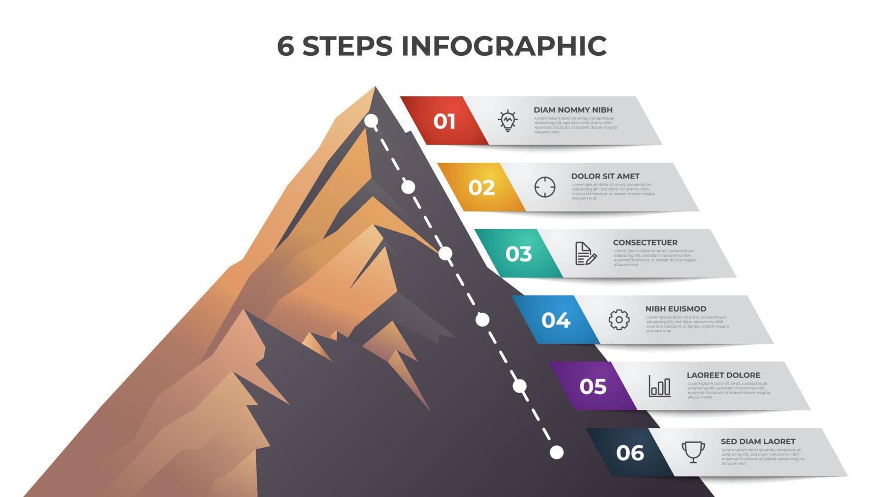 Infografica elemento modello con 6 passi, elenco, proiettile, opzioni, sequenza temporale diagramma con montagna vettore